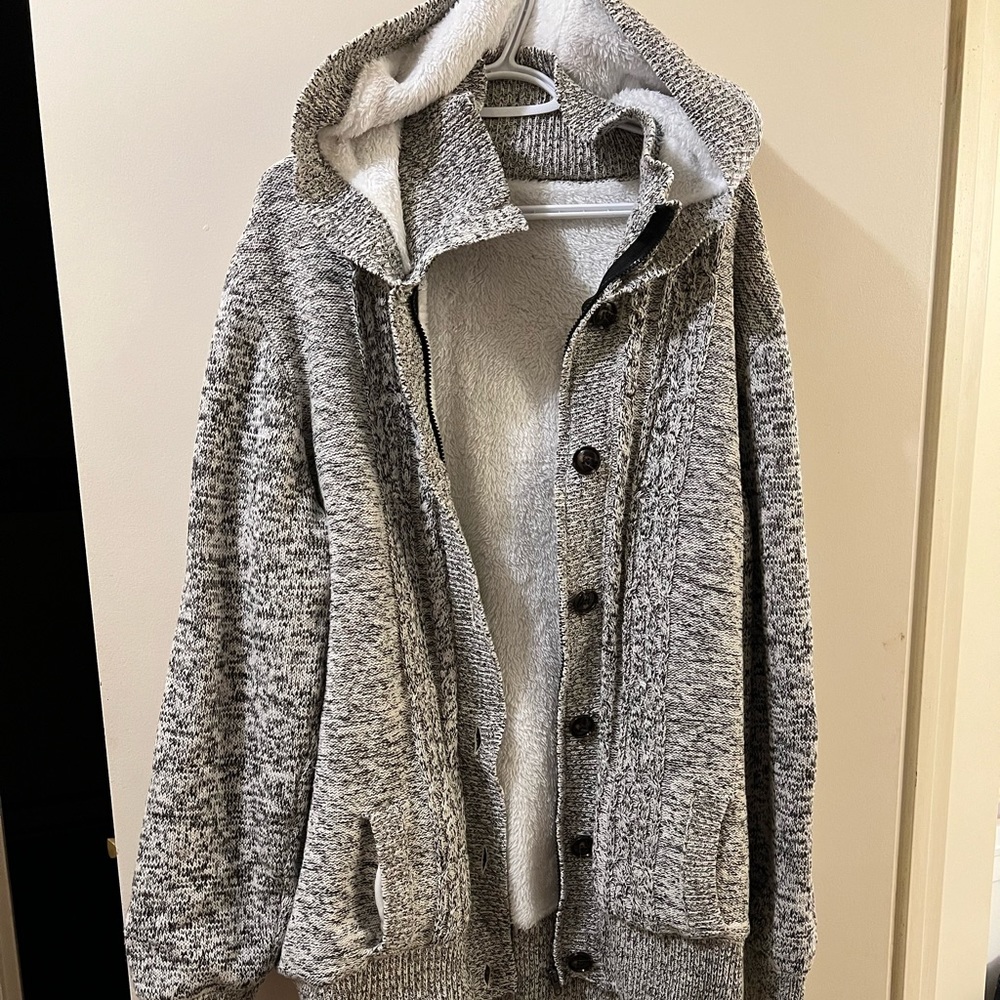 Fall sweater with hood Very comfortable with zipper and buttons.